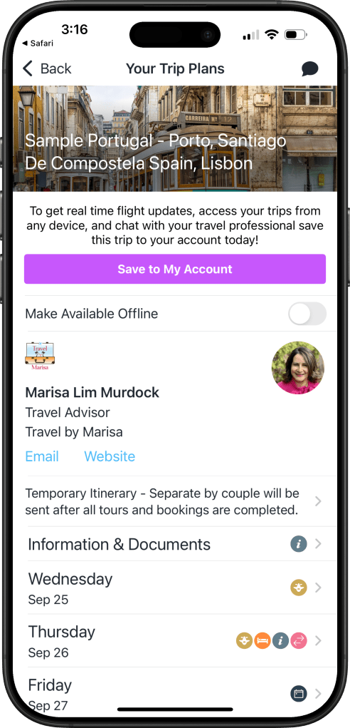 TravelByMarisa.com Sample Portugal Itinerary Trip Plans for iOS, iPadOS, macOS - First Screen
